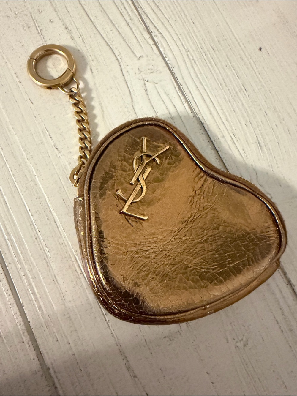 Saint Laurent Metallic Gold Heart Key & Card Holder